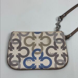 Coach Cream Blue Gray Geometric C Wristlet wallet Satin Pocket Strap